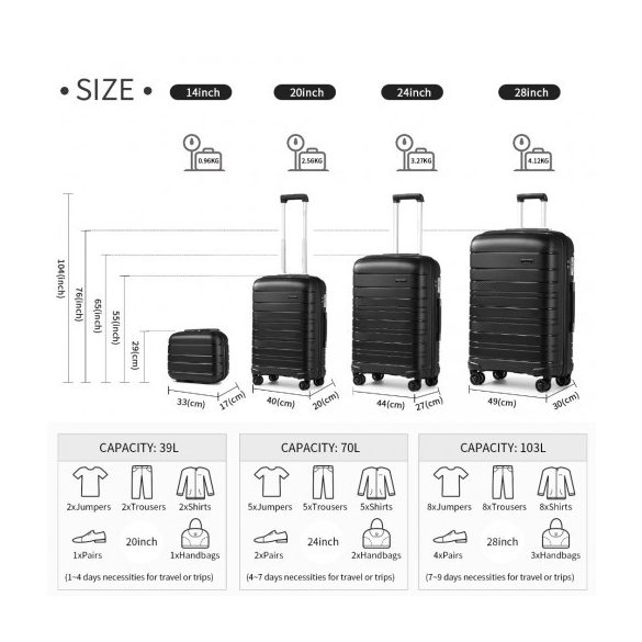 Miss Lulu London K2091L - Kono Mehrere Texturen Harte Schale PP-bőrönd TSA-zár és bőrönd 4er szett klasszikus Kollekció fekete