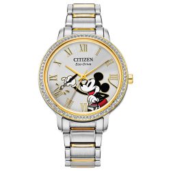   Citizen Eco-Drive Disney Quartz női óra karóra, nemesacél, köves, Mickey Mouse, két tónusú (modell: FE7044-52W)