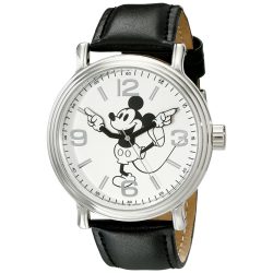   Disney férfi W001853 Mickey Mouse ezüst- óra karóra fekete szintetikus -bőr szíj