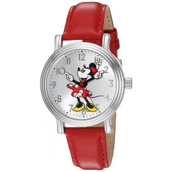   Disney Minnie Mouse női ezüst Vintage ötvözet óra karóra, piros bőr szíj, W002760