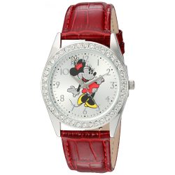   Disney Minnie Mouse női ezüst ötvözet óra karóra, piros bőr szíj, W002762