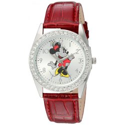   Disney Minnie Mouse női ezüst ötvözet óra karóra, piros bőr szíj, W002762