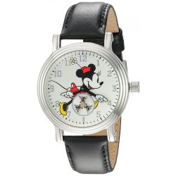   Disney Minnie Mouse női ezüst Vintage ötvözet óra karóra, fekete bőr szíj, W002766