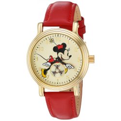   Disney Minnie Mouse női arany Vintage ötvözet óra karóra, piros bőr szíj, W002767